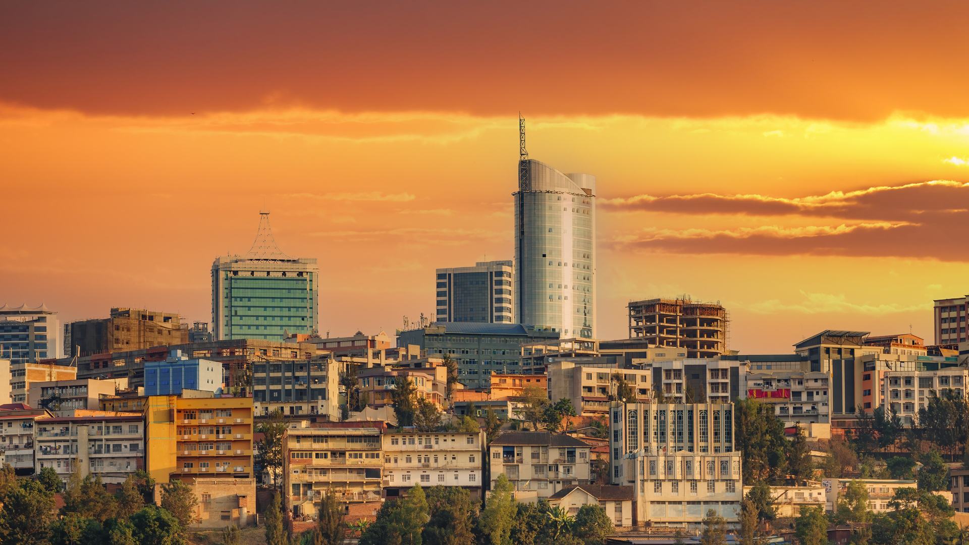 Kigali city centre on a hill at golden hour